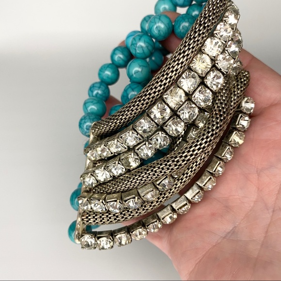 Turquoise Color Bead Rhinestone S.T. Mesh Bracelet - Picture 9 of 10